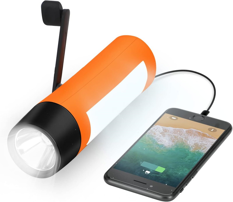 Hand-crank flashlight with phone charger